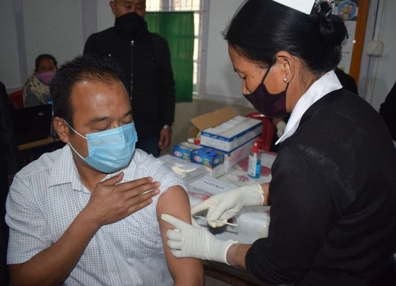 Dr Wabemo Yanthan being administered with COVID-19 vaccine during the launching programme held at Dr Motsuo Memorial District Hospital, Wokha on January 16. (DIPR Photo)